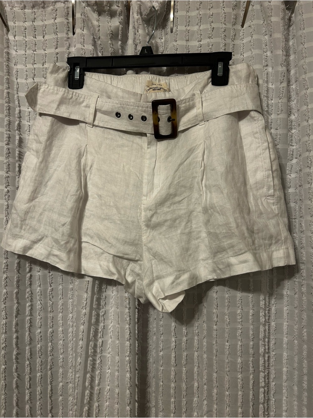 Christian Siriano White High-Waist Linen Belted Shorts